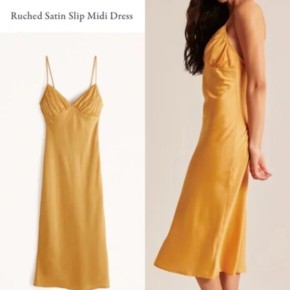 Abercrombie & Fitch Ruched Satin Slip Midi Dress XLP Marigold Dark Yellow $120 - Picture 3 of 16